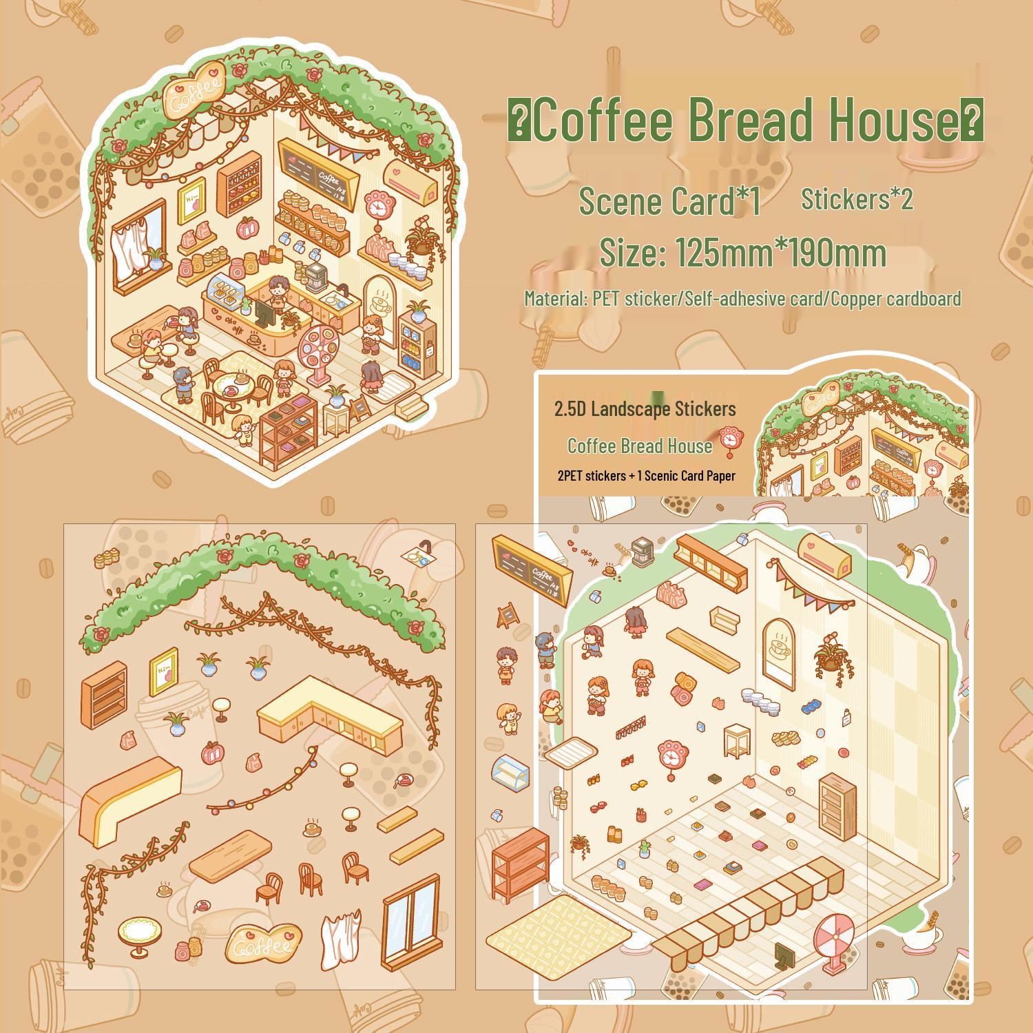 Zaomo PET 3D Coffee Bread House Cute DIY Scene Decoration Sticker