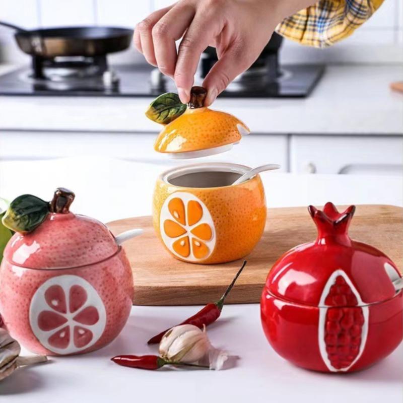 Creative Cartoon Fruit Ceramic Seasoning Jar Korean Hand-painted Salt Pepper Shaker Sugar MSG Bottle Household Kitchen Supplies
