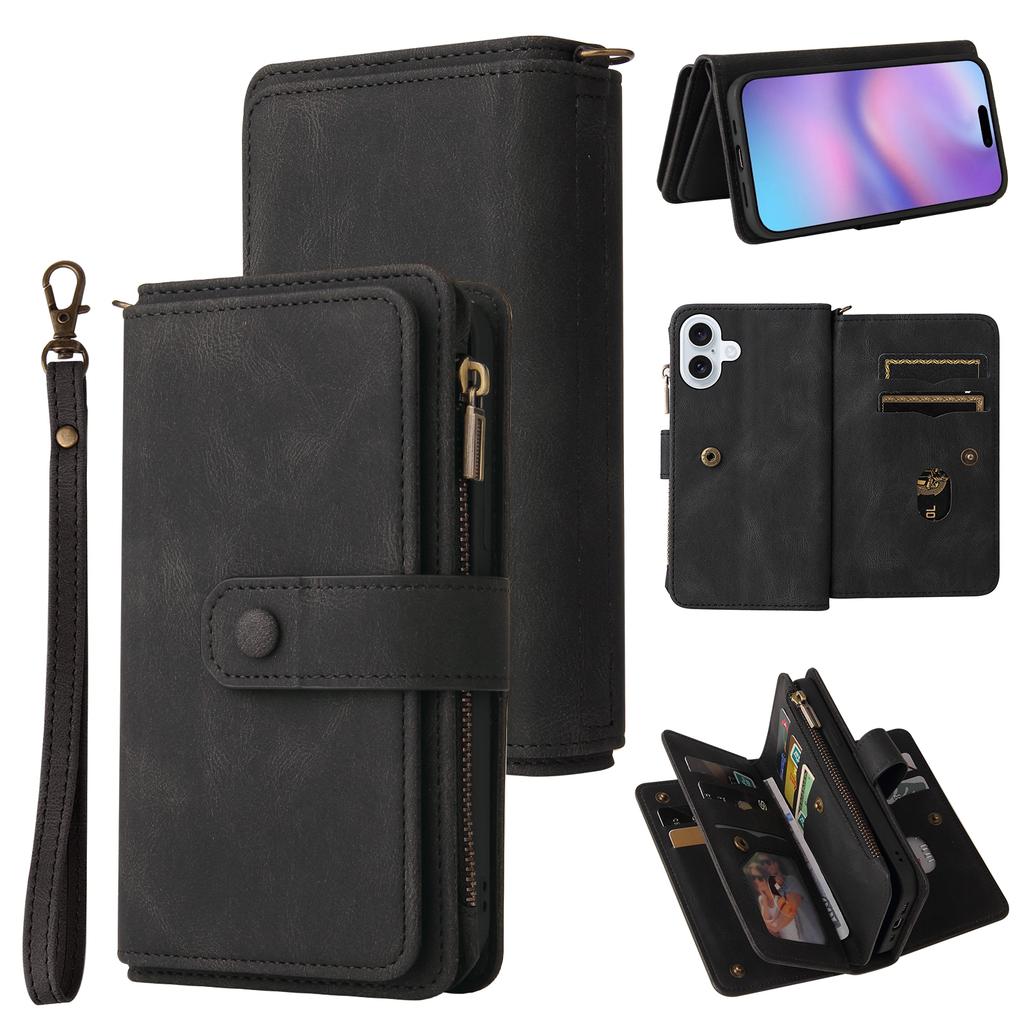 For iPhone 17 Zipper Wallet Case with 15 Card Slots and Strap Leather Phone Cover