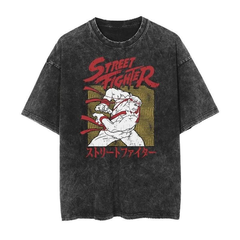 

Vintage Washed T-Shirt Street Fighter Classic Game Printed Harajuku Hip Hop Oversized Short Sleeved Men Women Tees Tops Summer S коричневий