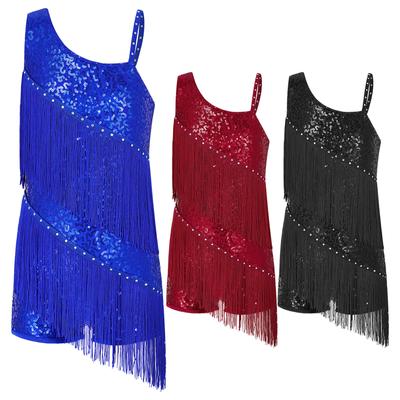 Kids Girls Sleeveless Oblique Shoulder Shiny Sequins Rhinestone Decorated Outlook Tassels Latin Dance Leotards Stage Costume Fancy Party Dress