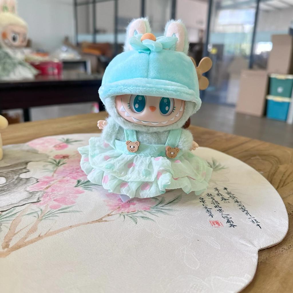 17cm Labubu Doll Outfit with Pleated Skirt Flower Hairpin and Baseball Cap Hat Set Labubu Clothing Accessories