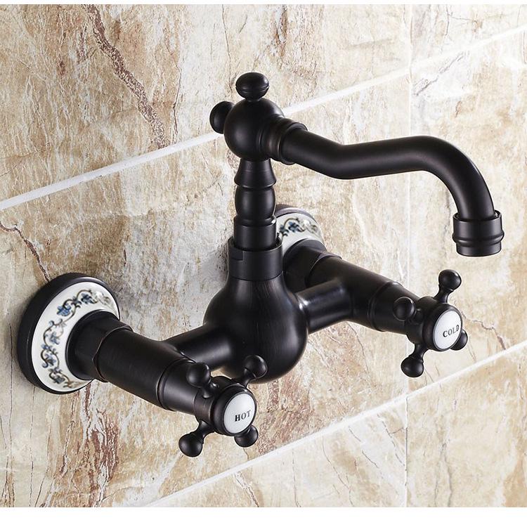 Retro French Copper Wall-Mounted Double Handle Faucet for Kitchen and Balcony.