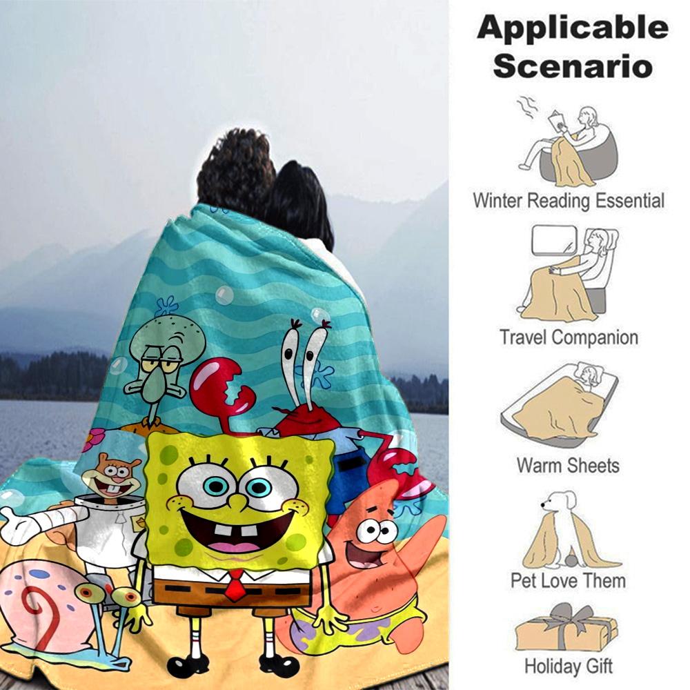 Spongebob Friends Flannel Blanket Super Soft Warm Cozy Blanket For Sofa Bed Office Travel Allseason Home Decor Gift