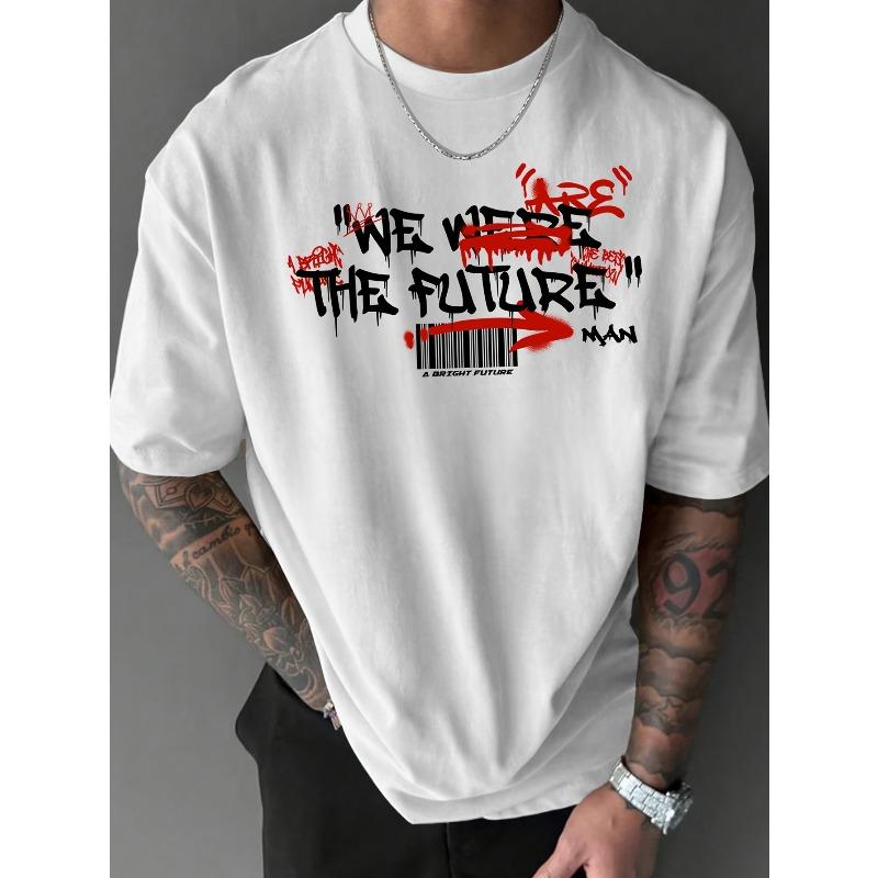 

European sizes American Adult Street Fashion Crew Neck Letter Print Short Sleeve T-Shirt, Slight Stretch, Regular Fit, Casual, Print Design 4XL білий