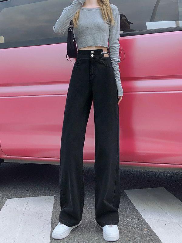 Women's Black Wide-Leg Jeans: 2025 Spring/Autumn High-Waisted Slimming Loose Floor-Length Pants