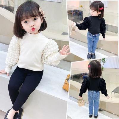 Mädchen Basic Shirt Frühling und Herbst Halber Rollkragen Puffärmel Verdicktes Kinder Langarm T-Shirt Damen Oberteil