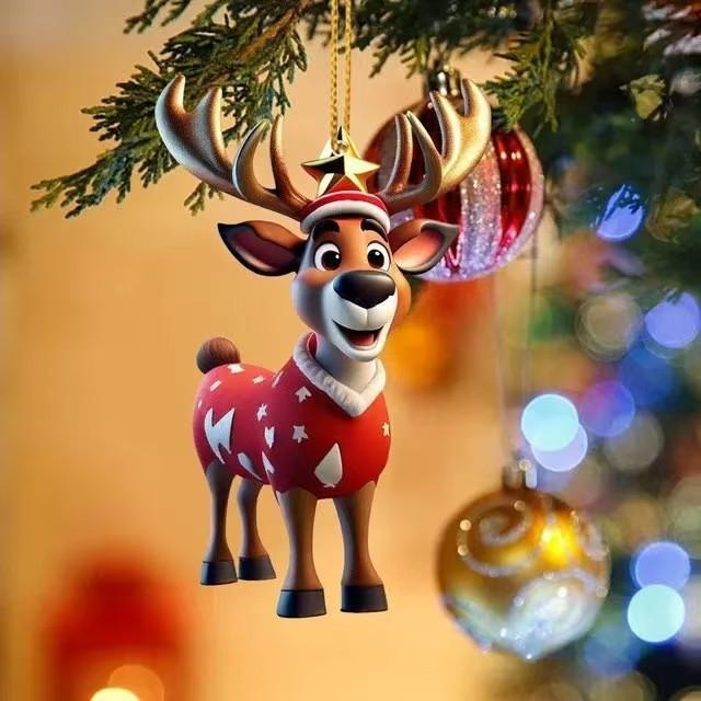 Cross-border hot-selling acrylic deer Christmas tree pendant Christmas cartoon cute Christmas hat deer pendant ornament