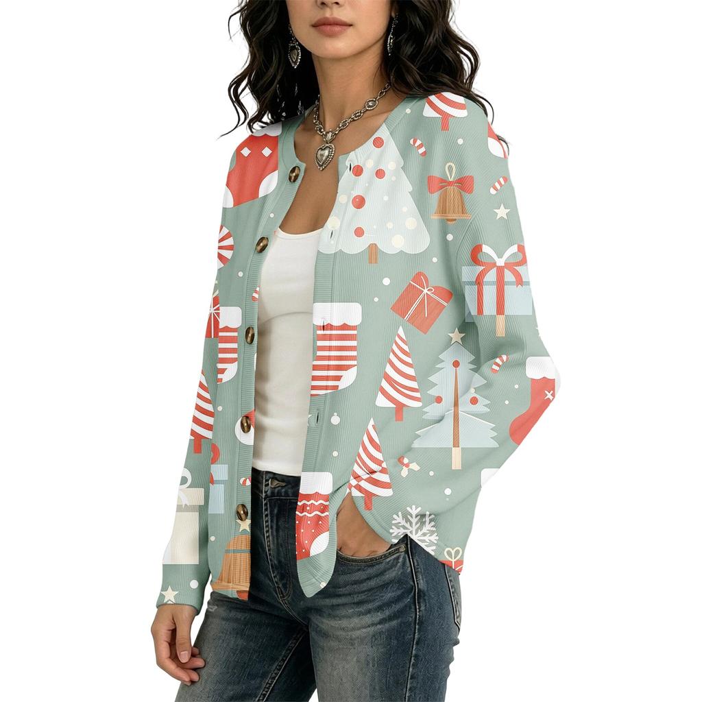 Cardigan Maglione Natalizio Stampato a Maniche Lunghe da Donna Cappotto Moda Invernale