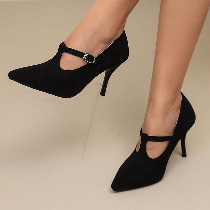 Faux Suede Pumps Women High Heel Shoes 8.5 cm Female T-belt Custom PU Leather Sexy Pointed Toe Thin Heels Working Shoes WSH5253