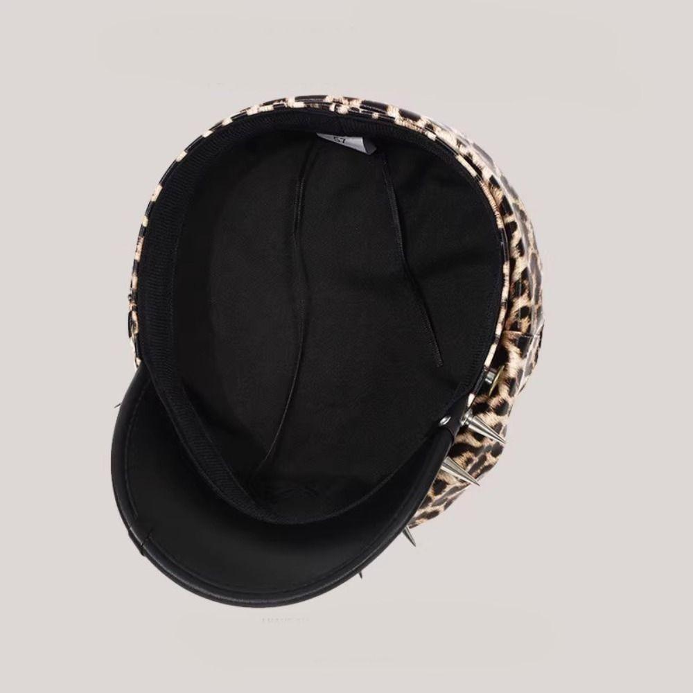 Harajuku Rivet Leopard Hat Punk Flat Top Cap Vintage Y2k Beret Hat  for Girls