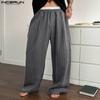Men Stitching Elastic Waist Striped Casual Long Wide Legs Pants Home Wear