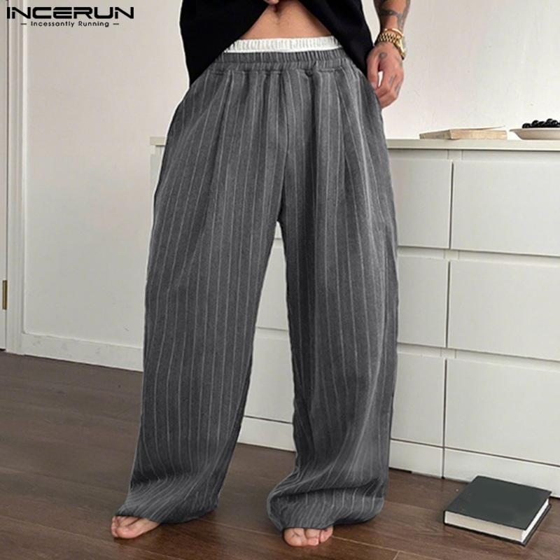 

INCERUN Men Stitching Elastic Waist Striped Casual Long Wide Legs Pants Home Wear темно-сірий
