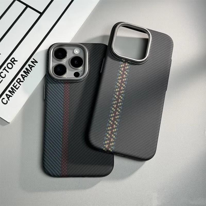 New Carbon Fibre Wireless Charging MagSafe Phone Case for iPhone 14 15 16 Pro Max 15Pro 13 12 Alloy Lens Hit Color Hard PC Armor Cover