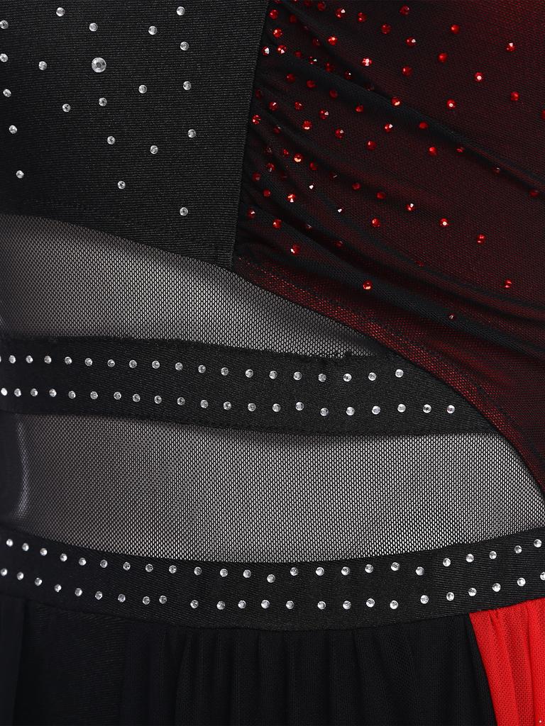 Womens Lyrical Dance Dress Shiny Rhinestones Side Split Design Sheer Mesh Color Block Patchwork Outfit