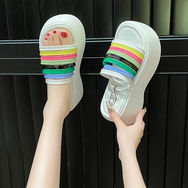 Fashion 7.5CM High quality Summer women's Thick soled white High-heel Sandals women's slope heel square toe slippers Women's Slippers