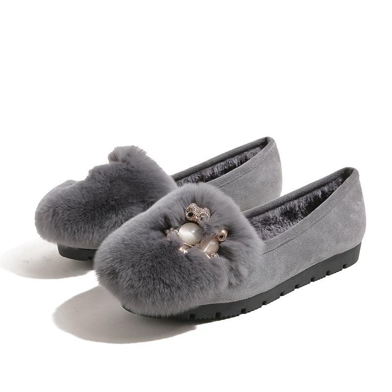 Fashion Big Size 34-43 Pom-Pom Rabbit Fur Shoes Women Owl Stone Moccasins Winter Plush Warm Boots Ladies Wool Flats Femme Cotton Loafers