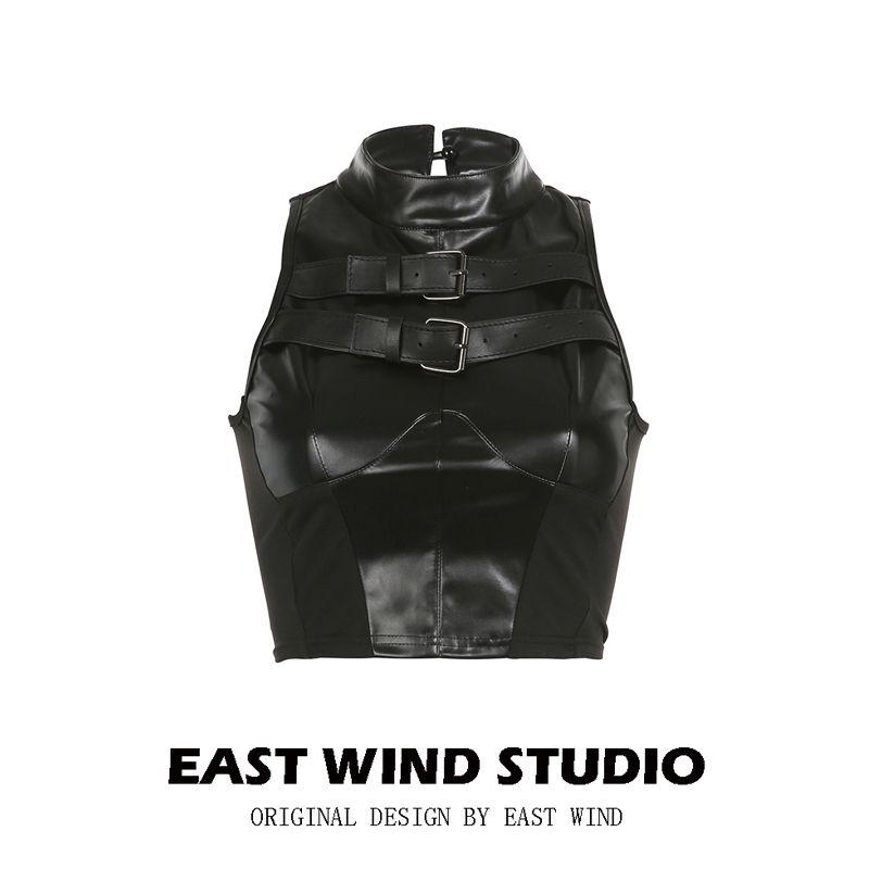 

Локомотивный стиль Ист Винд Крутой кожаный ремень Лоскутный жилет из ПУ кожи Нагрудный воротник Без рукавов Приталенный Укороченный топ-майка Black S