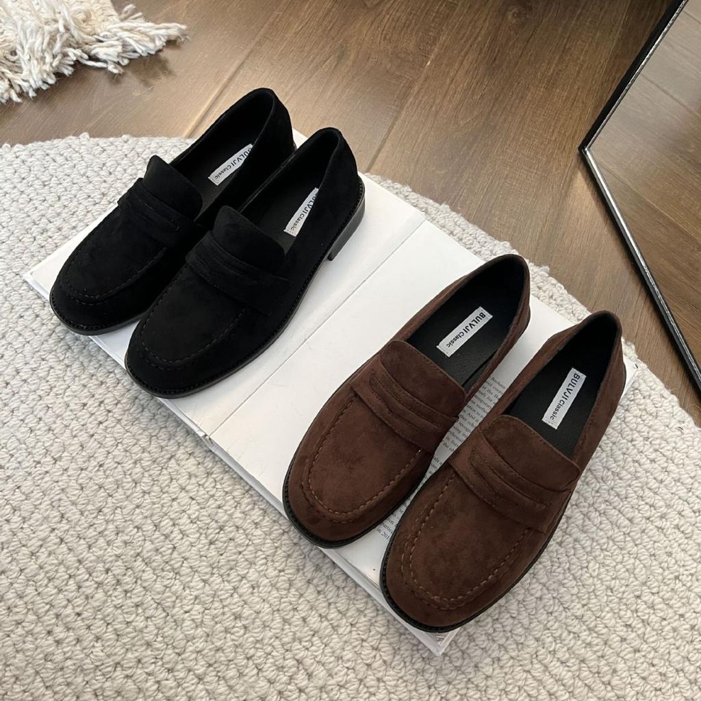 2025 autumn new fashion round head suede thick heel soft leather foot cover versatile soft leather women's small leather shoes