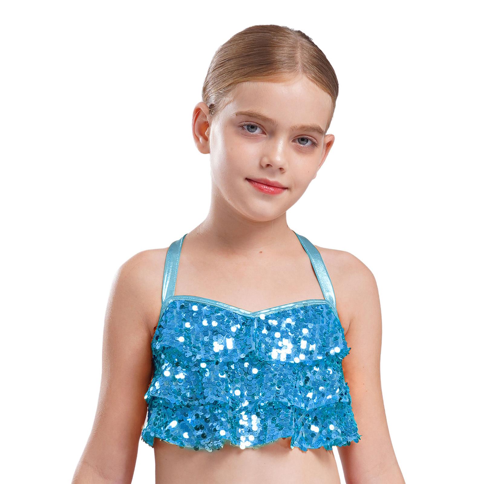

Дівчачий металізований танцювальний кроп-топ з блискучими паєтками, багатоярусними оборками та перехрещеною спинкою, джазовий костюм 5-6 Years світло-синій колір