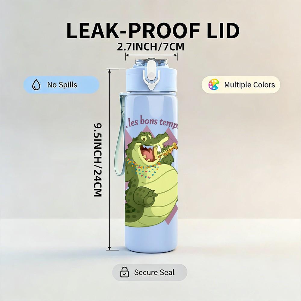 1PC Crown Crocodile Illustration 750ml Color Plastic Sports Water Bottle Leakproof Flip Straw Lid Suitable for Sports Office Home Use