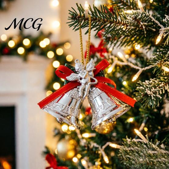 Durable Plastic Base Bell Christmas Ornament with Red Ribbon Bow, Small Jingle Thickened Electroplated Tree Hanging Decoration for Tree, Garland,
