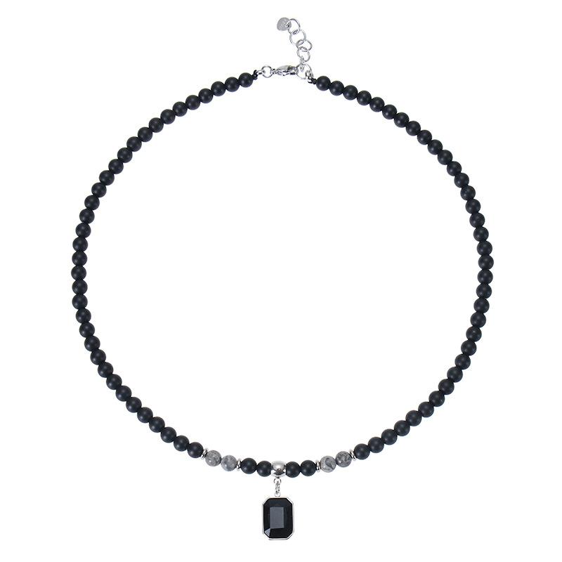 Schwarze Perlenkette mit quadratischem Anhänger für Herren Trendige Accessoires am Halsband 2023 Mode Männliches Geschenk Dekoration