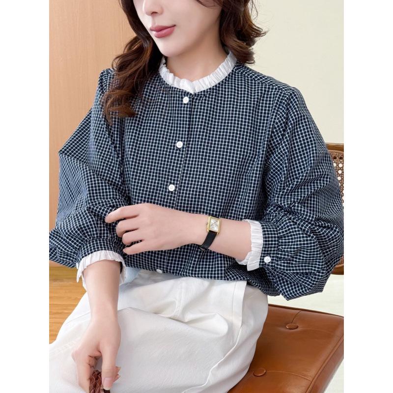 Spring 2026 Women's Artistic Lace-Trim Plaid Doll Shirt - Loose Casual Slimming Top