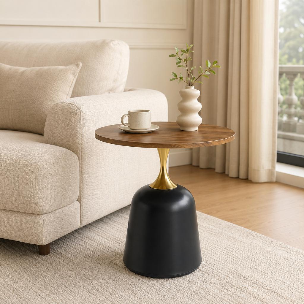 60 cm Round Side Table, Living Room Table with Metal Frame, Simple, Modern Tabletop in Walnut Look, Unique Round Desk for the Bedroom or Next to the