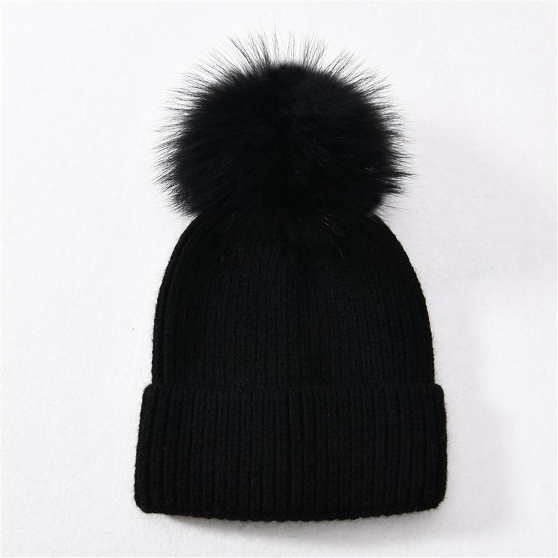 Jaxmonoy Kaschmir-Strickmütze, große Beanie-Mütze mit echtem Waschbärfell und Bommel, hochwertige, warme Mütze, Damenmütze