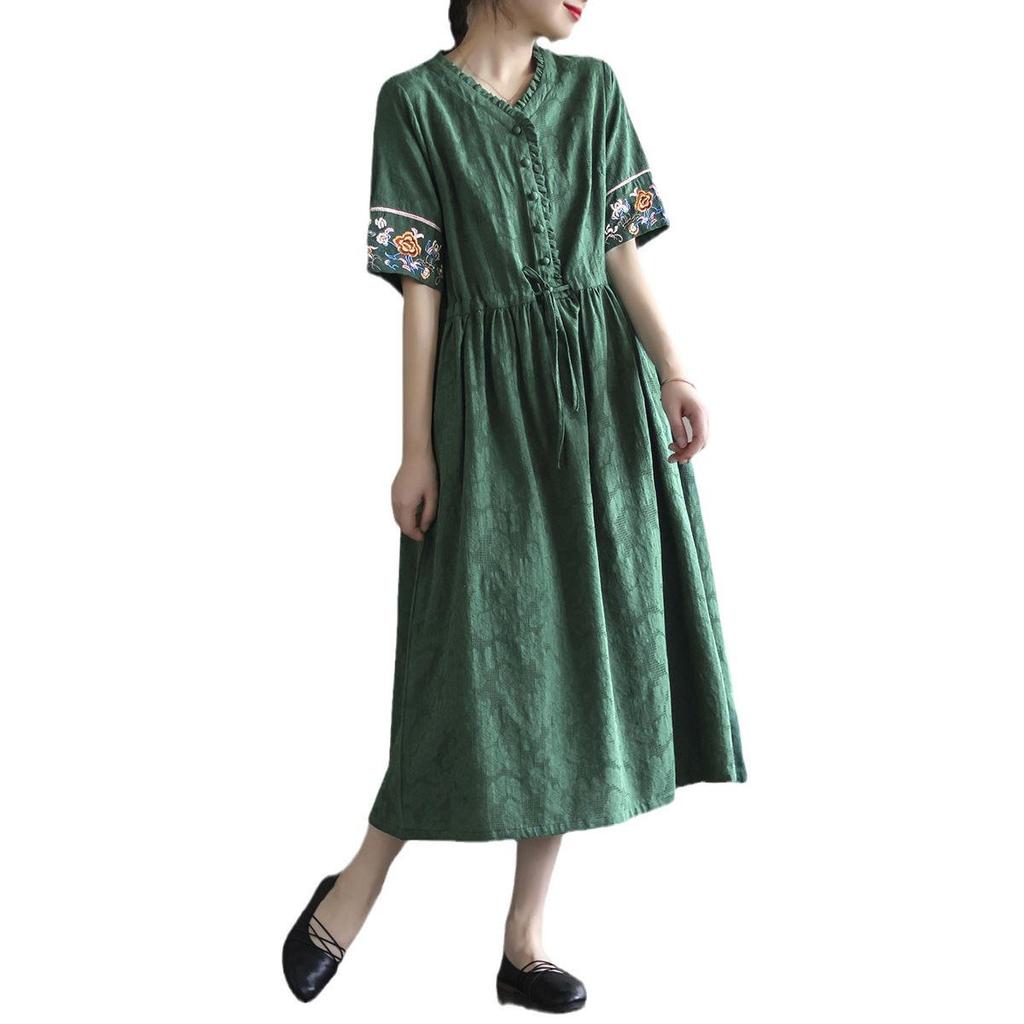 Damska Artystyczna Retro Sukienka z Krótkim Rękawem, Średniej Długości, z Haftowanego Bawełnianego i Lnianego Żakardu, ze Sznurkiem w Talii