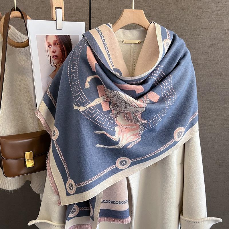 Luxury Winter Faux Cashmere Scarf for Women Fashionable Thickened Little Horse Design European And American Style Warm Shawl
