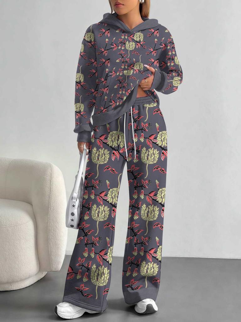 Retro Pattern Splicing European, American Autumn And Winter Casual Long-Sleeved Suit Women'S Hooded Sweater Trousers Two-Piece Set