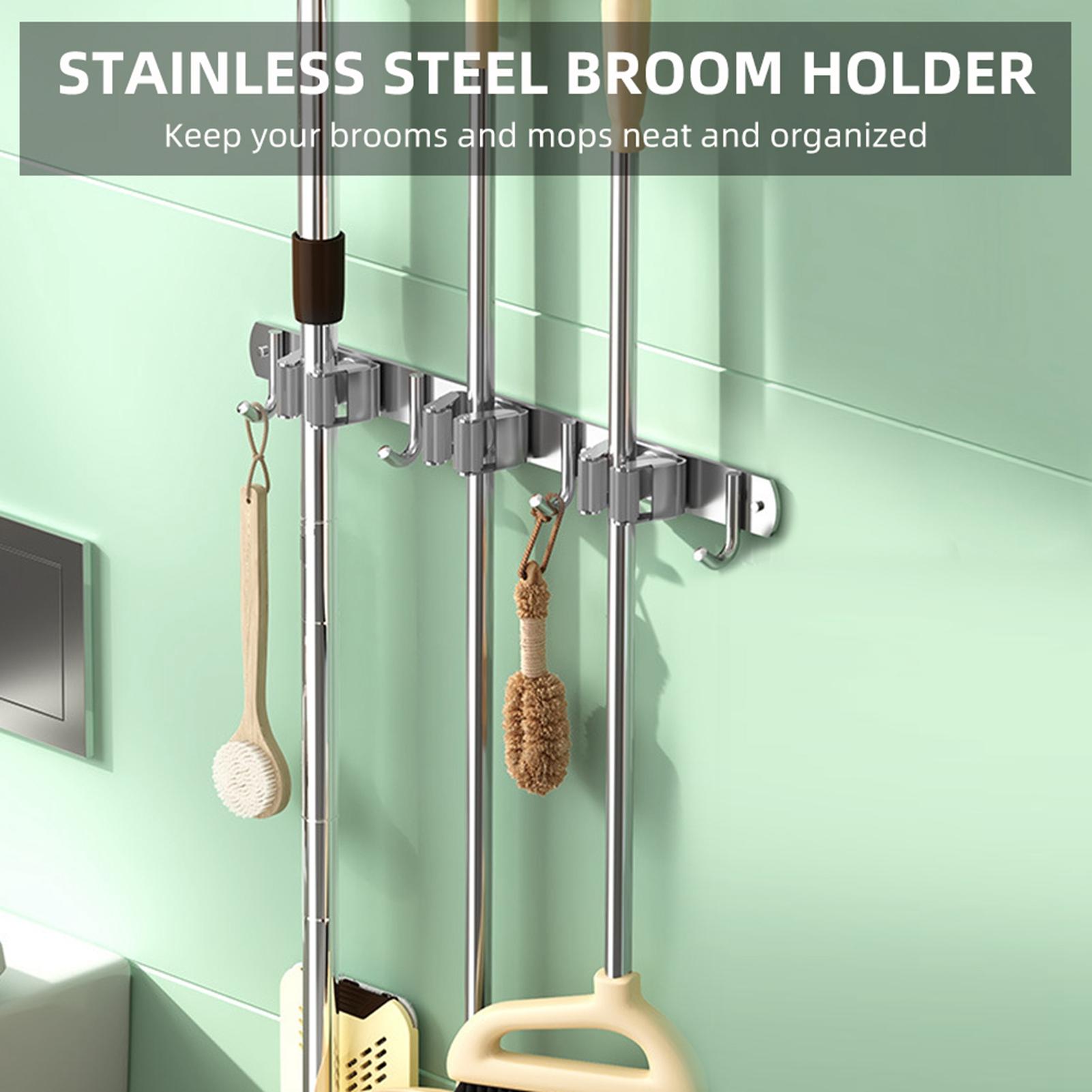 

2pcs 304 Stainless Steel Broom Holder 3 Racks 4 Hooks Wall Mount Mop Hanger Organizer серый