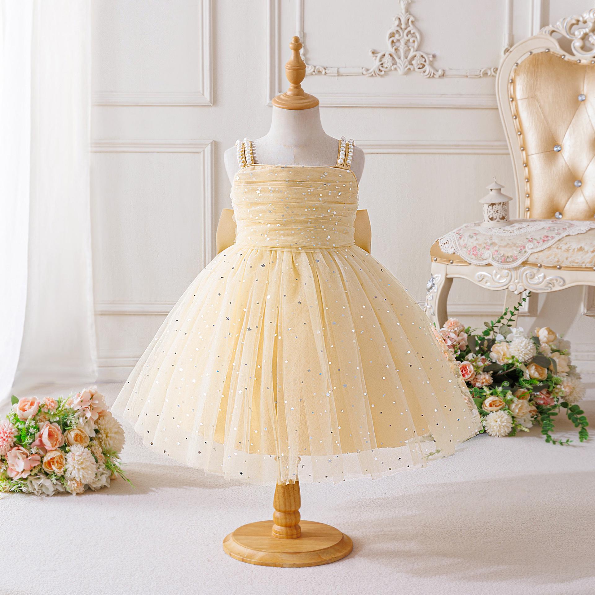 

New Sleeveless Puffy Princess Dress: Sequin Tulle Flower Girl Gown for Birthday Parties 140cm шампанського