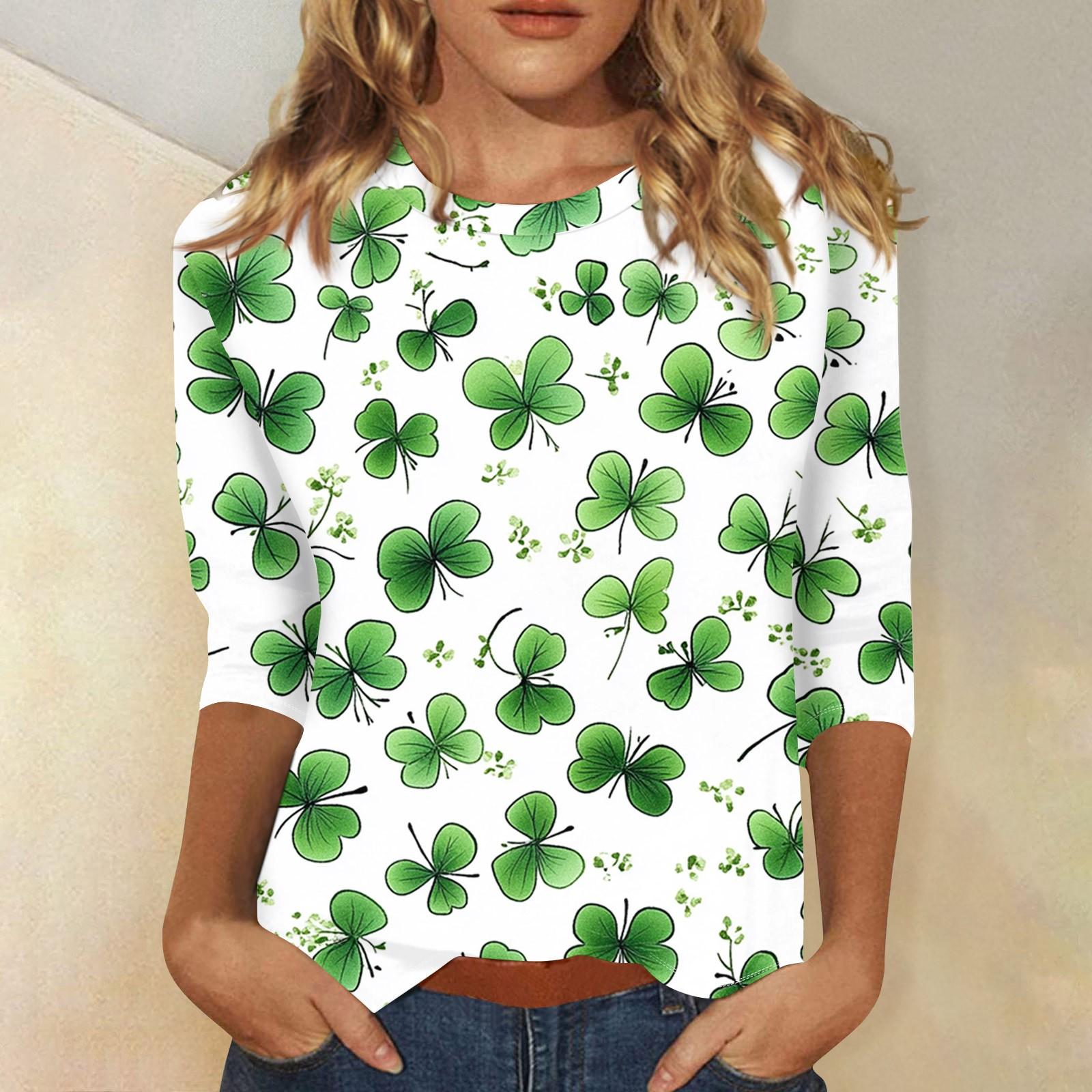 

Женский круглый вырез, рукав 3/4. Топ с принтом ко Дню Святого Патрика L армия зеленый