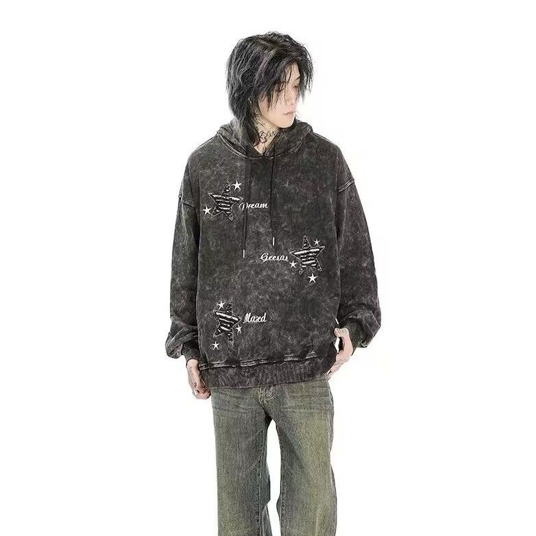 American Style Star Printed Washed Hooded Sweatshirt Couples Hip-hop Loose Casual High Street Y2K Hoodies Male Clothes