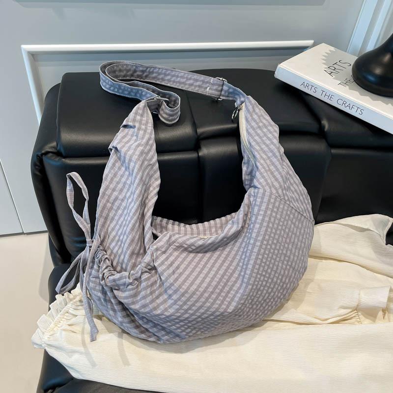 

Повседневная вместительная сумка-багет женская 2025 новая клетчатая холщовая сумка-пельмень модная наплечная сумка-мессенджер фиолетовый