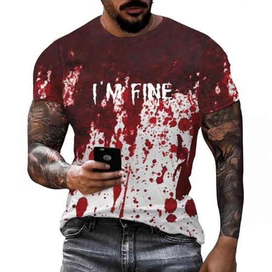 Men Halloween T-shirt Spooky Crew Neck Short Sleeve Tee Blood Stain Print T-shirt for Halloween Dress-up Horror Themed Party