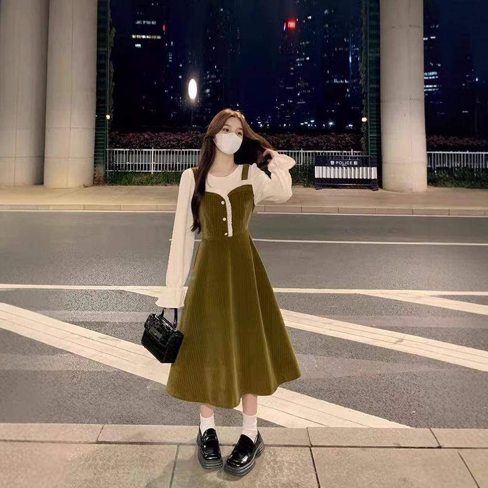 Fake Two-piece Dress Women's Early Spring New High-end Temperament Waist Small Slim and Thin Dress
