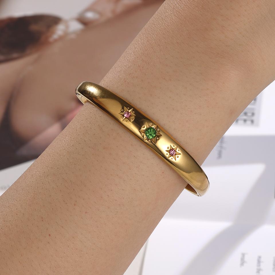 ZAKOL Lusso Acciaio Inossidabile Colore Oro 18K Bracciali Aperti Zirconi Colorati Intarsiati Affascinante Impermeabile Regalo Donna con Zirconi