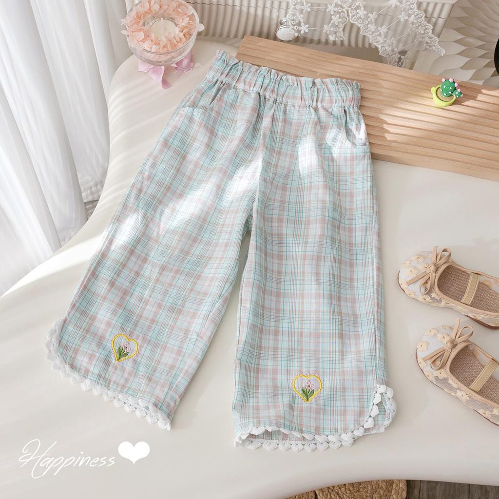 Girls' Summer Set Fashionable Lace Collar Rabbit Print Vest Checkered Embroidery Cropped Pants Two-piece Set
