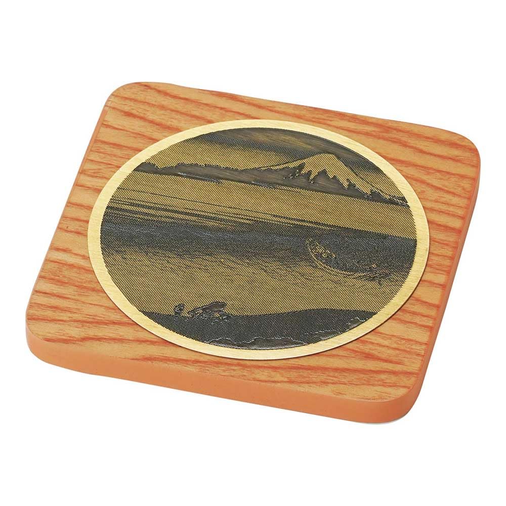 Yamaco Brass Ukiyo-e Coaster with Wooden Base, Square, Cherry (Tamagawa River and Mt. Fuji), 9x9xH0.7cm, 16271