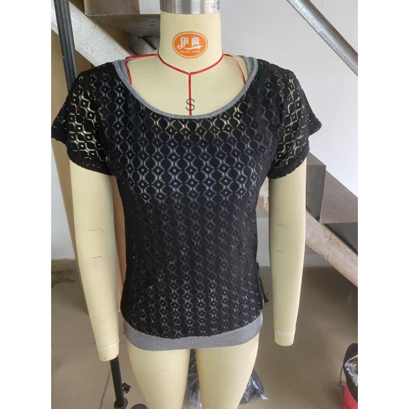 Summer Casual Lace Round Neck Short Sleeved Fake Two Piece Knitted Sweater T-Shirts Women’s