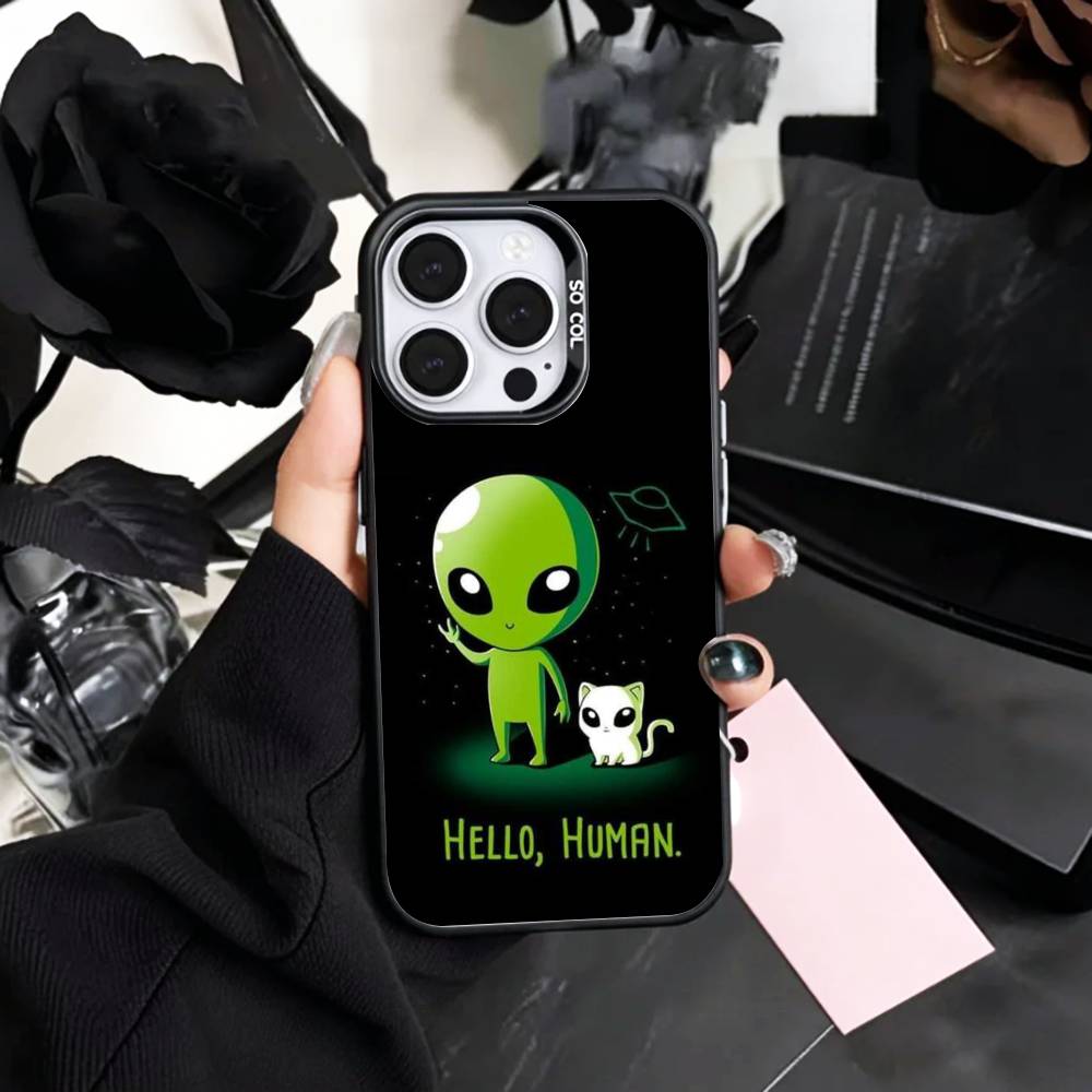Cool C-Cartoon Alien Space   Phone Case For iPhone17,16,15,14,13,12,11 Plus,Pro Max Colored Silver Plated Inside Cover