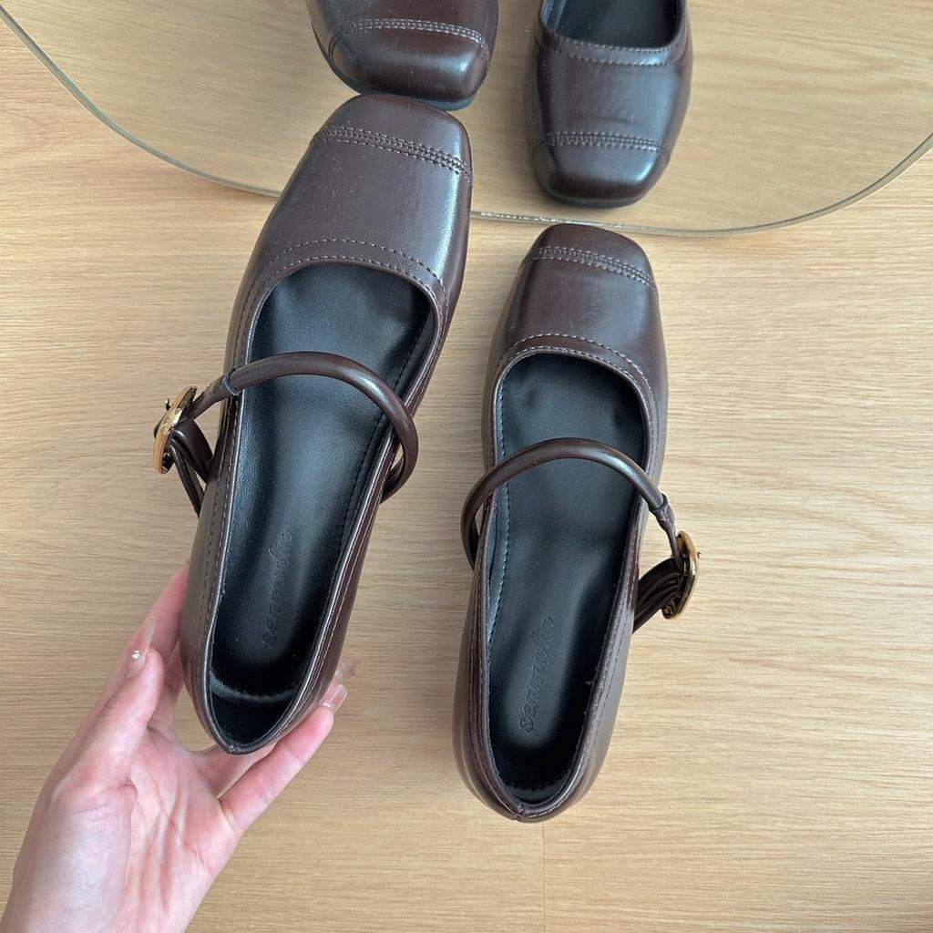 Retro soft leather heightened by 5 cm Mary Jane women's shoes one-word buckle belt square head shallow mouth evening breeze elegant single shoes