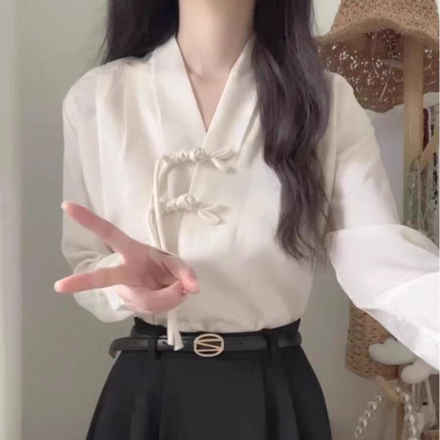 

New Fashion Long Sleeve V-Neck Blouse Women Blusas Mujer De Moda Chinese Style White Women Blouse Shirt Women Tops Popular 3XL білий