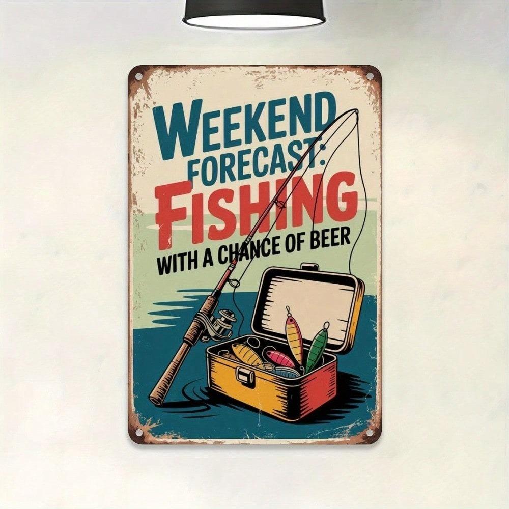 Vintage Fishing Beer Tin Sign 8x12 Inch Metal Wall Art Rustic Pub Garage Decor