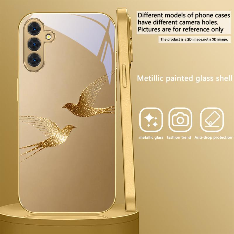 golden flying bird For Samsung A 31 32 A33 A34 35 14 A15 13 A16 25 26 50 52 53 54 55 56 70 71 72 73 Golden glass phone case
