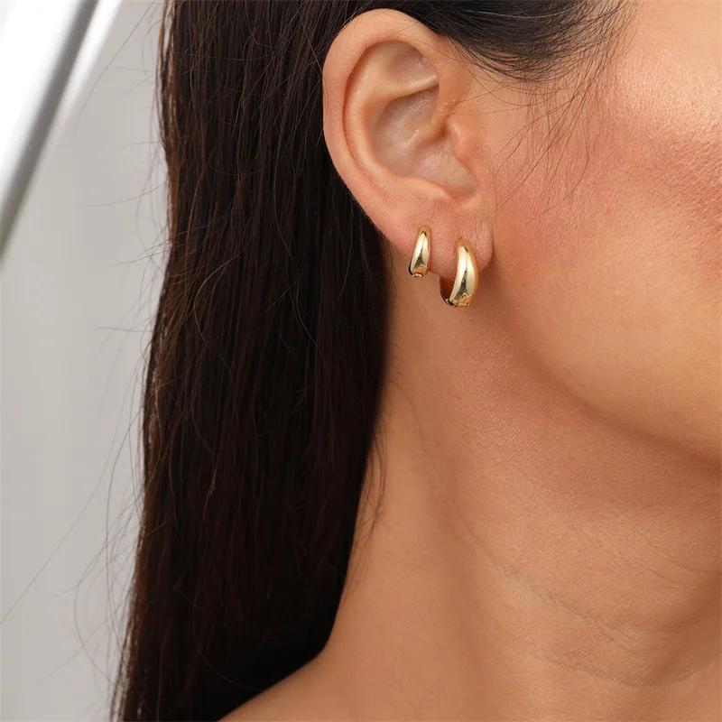 6PCS Simple Gold Plated Copper Metal Minimalist Invisible Huggies Hoop Earrings for Women Glossy Small Geometric Circle Hipho